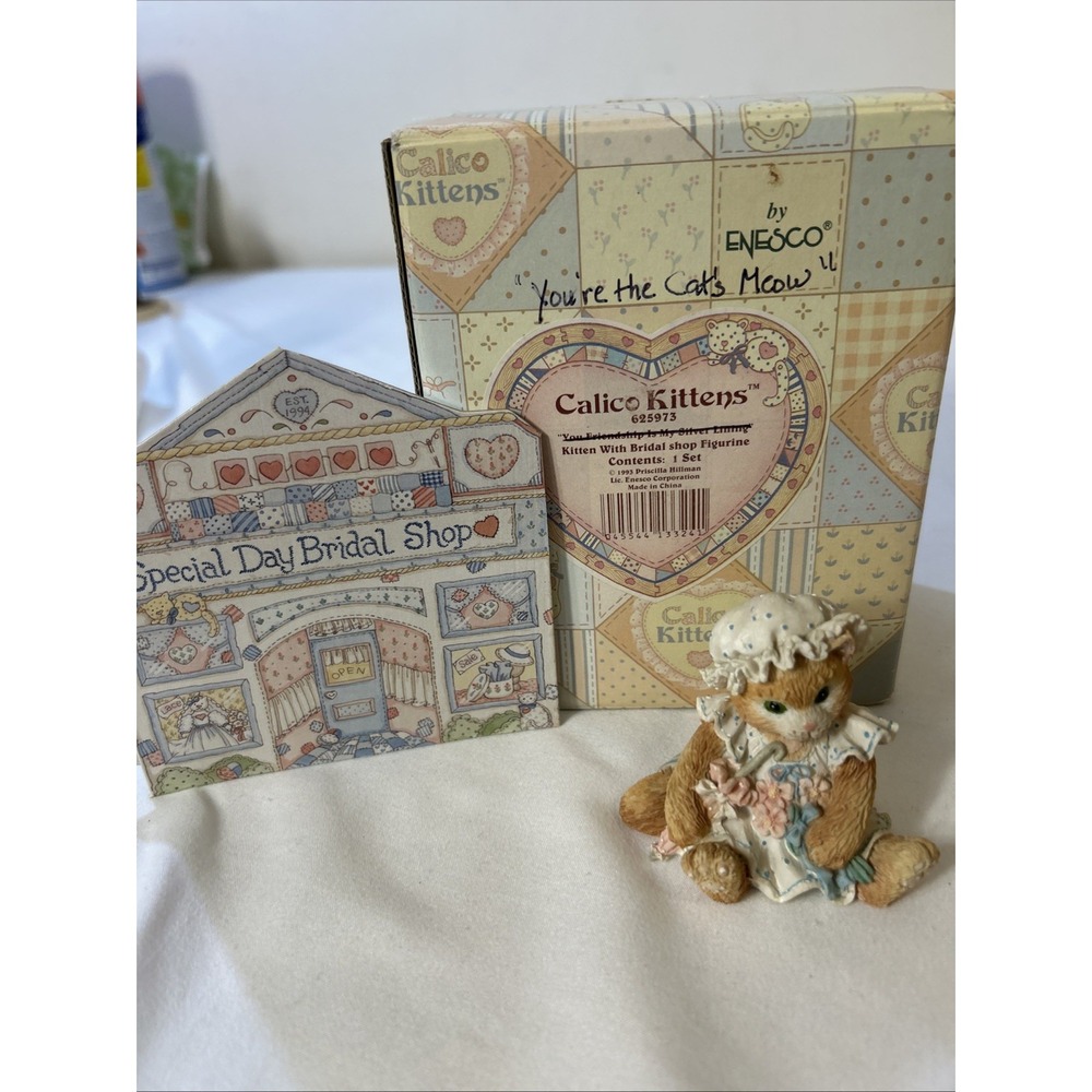 Enesco Calico Kittens "Your Friendship Is My Silver Lining" Cat With Bridal Shop